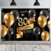 Happy 80th Birthday Backdrop Banner - 80 Birthday Party Decorations Supplies for Men - Black Gold
